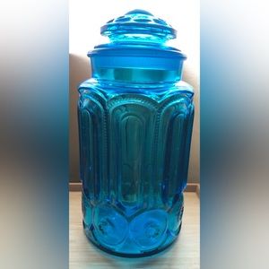 Vintage Blue L. E. Smith “Moon & Stars” Glass Jar with Lid